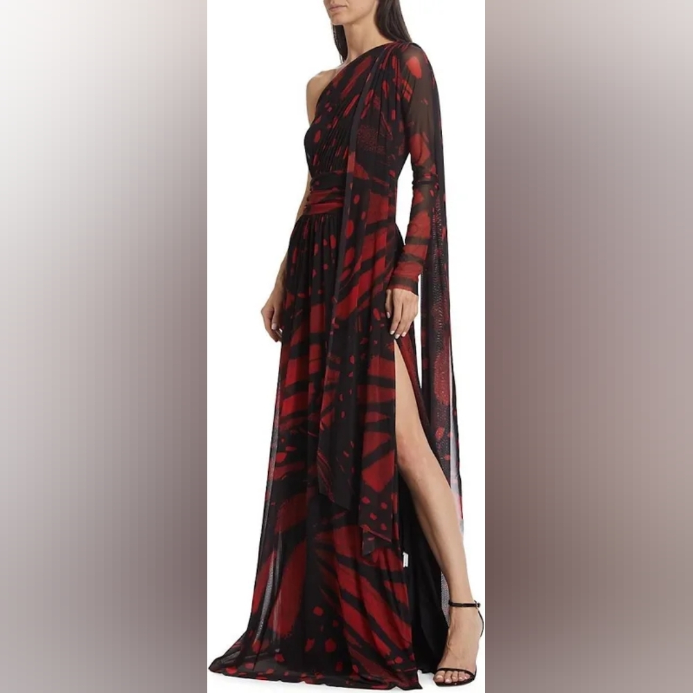 $3,400 PRABAL GURUNG RED BLACK CHIFFON BUTTERFLY CAPE RUNWAY GOWN US XS